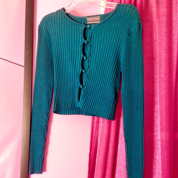 Urban Outfitters Teal Blue Pullover Button-Down Cropped Ribbed Women’s Medium - Picture 4 of 5